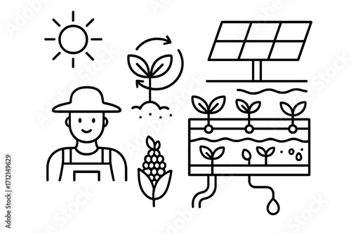 Sustainable agriculture icon set. Hydroponics and solar energy concept. Farmer, plant growth cycle, green farming technology. Eco friendly vector illustration in linear style.