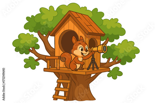 Playful squirrel on a treehouse adventure, exploring with a telescope. Cute cartoon character in a whimsical wooden house. Vector concept of discovery, curiosity & wildlife.