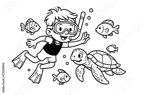 Boy snorkeling underwater with a sea turtle and fish. Black and white line art vector for coloring book page. Child swimming in the ocean on summer vacation adventure.