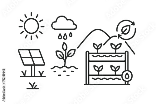 Sustainable agriculture line icon set. Eco-friendly farming with hydroponics and solar energy. Green technology, growth, and nature conservation vector concept illustration.