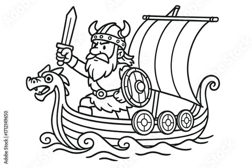 Viking warrior with sword and shield on a dragon boat. Norseman on a drakkar longship. Scandinavian sea voyage adventure. Cartoon outline vector for coloring book page.
