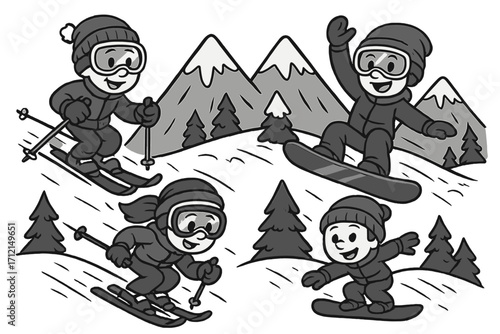 Black and white winter sports set. Cartoon characters skiing and snowboarding on a mountain. Vector illustration for ski resort, winter vacation, and sports fun. People enjoying outdoor activities.