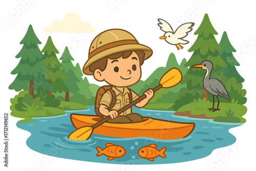 Young boy explorer on a kayak adventure in a scenic forest river. Cute cartoon kid in a canoe discovering nature with wildlife, birds, and fish. Vector illustration for children.