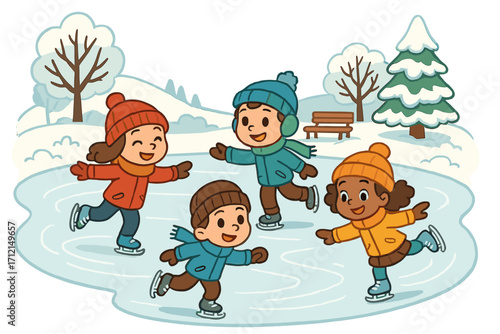 Happy diverse kids ice skating on a frozen pond. Winter fun with friends in a snowy park. Cute cartoon children characters enjoying outdoor activity. Childhood joy scene.