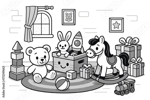 Cozy children's playroom in black and white. Cartoon nursery with teddy bear, rocking horse, toy box, gifts. Kids room vector illustration for a coloring book page.