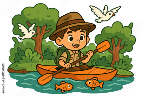 Young explorer boy kayaking in nature. Cute kid in a canoe on a river adventure with birds and fish. Cartoon vector illustration for travel, camping, scouting, and wildlife.