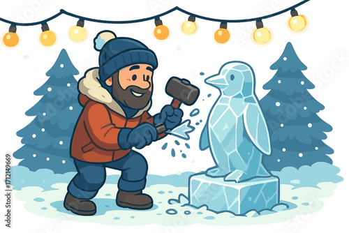 Man sculpting a penguin from ice in a festive winter scene. Cartoon character ice sculptor artist at work. Creative hobby and seasonal craft vector illustration for a winter festival.