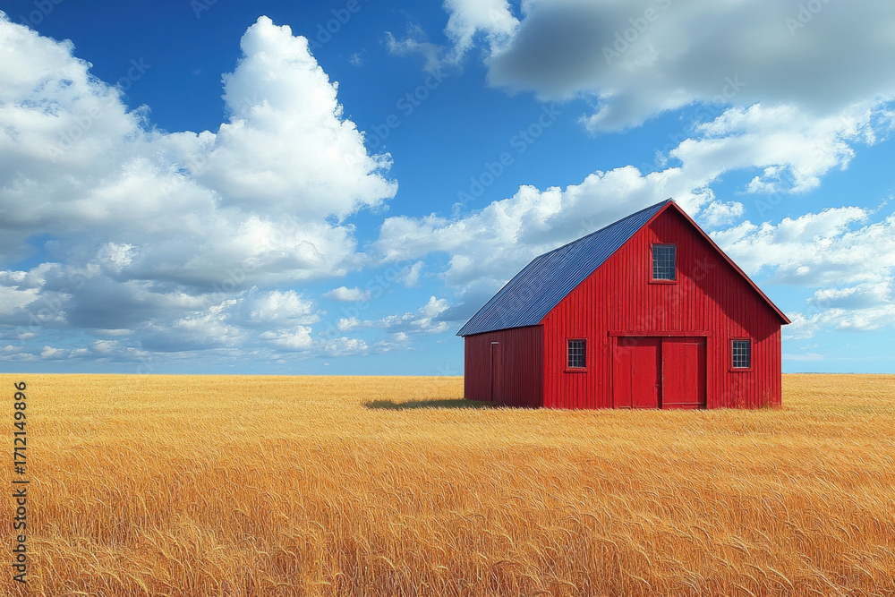 Obraz premium Red barn standing tall in a wheat field.
