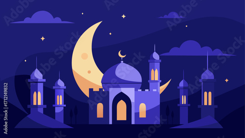 Illustration of mosque with moon and stars