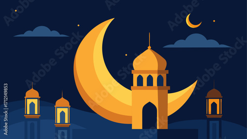 Crescent moon and mosque in the night sky