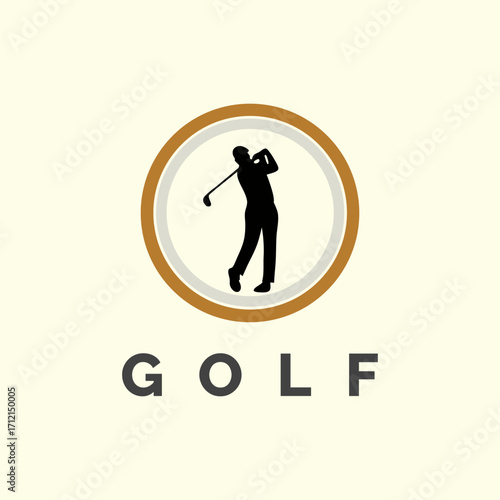 Golfer swinging a club in a circular emblem