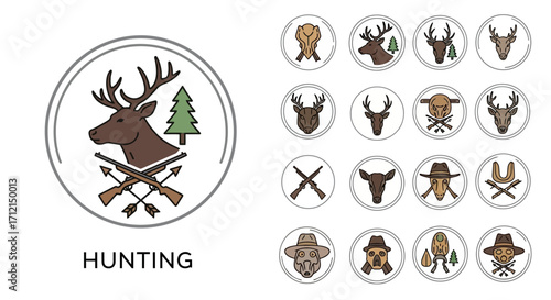 Hunting themed icons and emblems featuring deer and hunting equipment.