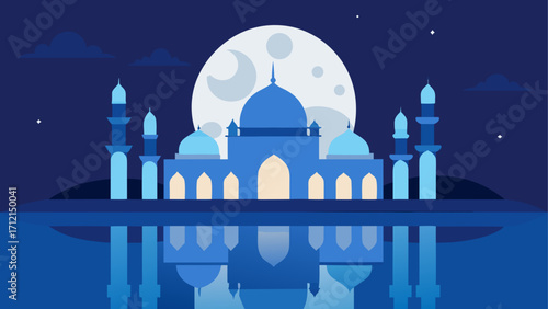 Islamic Architecture, Mosque Vector, Nighttime Scene, Blue Illustration, Ramadan Background