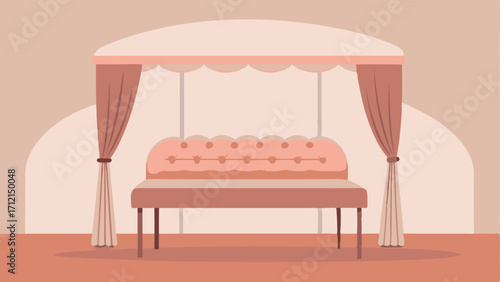 A tufted bench in a soft blush pink p at the foot of a modern canopy bed.