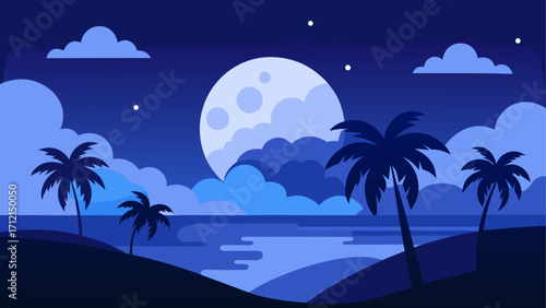 Moonlit tropical beach, blue night landscape, palm trees, serene coastal scene, vector illustration