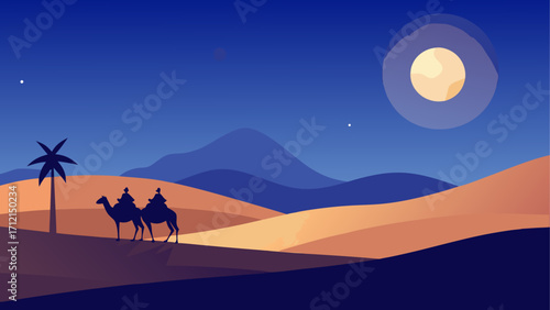 Desert landscape, camel riders, moonlit night, sandy dunes, desert scene