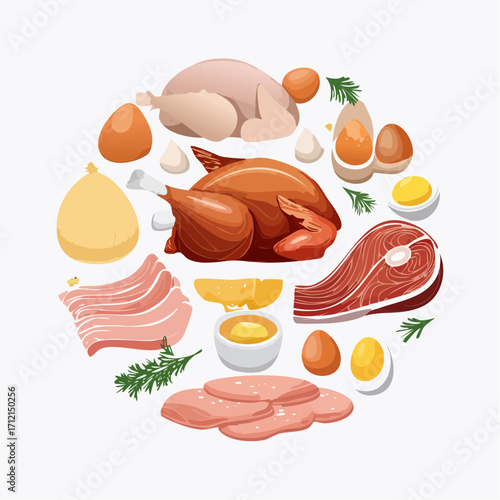 Ein Set aus frischem, rohem Hühnerfleisch und Eiern als Vektorillustration