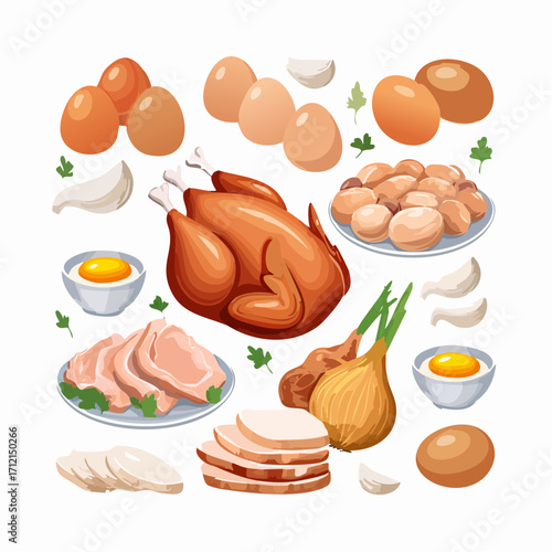 Ein Set aus frischem, rohem Hühnerfleisch und Eiern als Vektorillustration