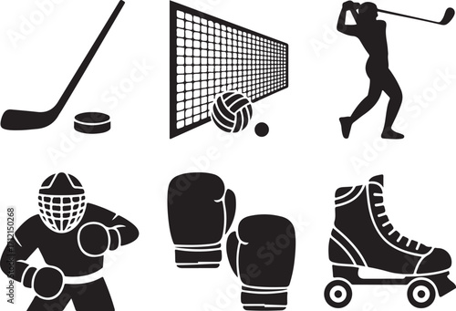 Sports icons hockey golf boxing rollerskating volleyball action