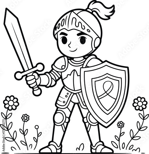 Charming cartoon illustration of a young knight in shining armor holding a sword and shield ready for adventure in a field of flowers