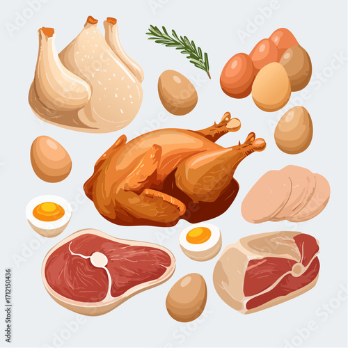 Ein Set aus frischem, rohem Hühnerfleisch und Eiern als Vektorillustration