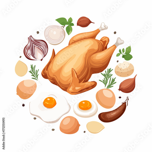 Ein Set aus frischem, rohem Hühnerfleisch und Eiern als Vektorillustration