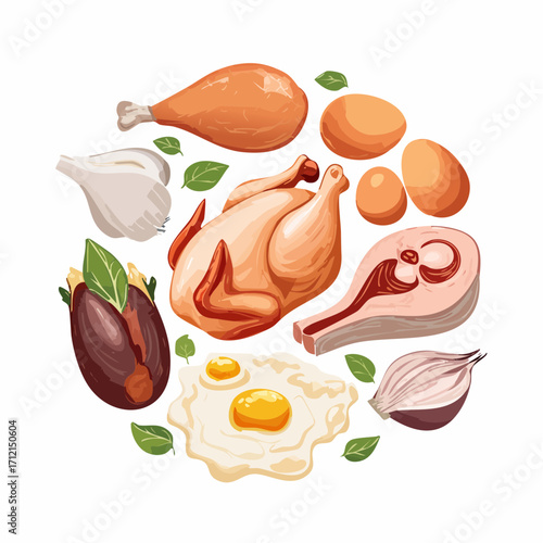 Ein Set aus frischem, rohem Hühnerfleisch und Eiern als Vektorillustration