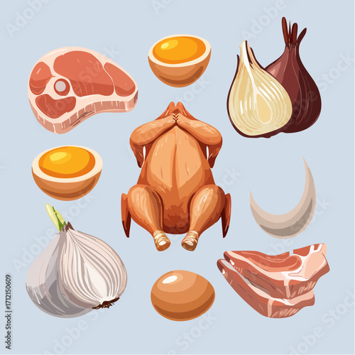 Ein Set aus frischem, rohem Hühnerfleisch und Eiern als Vektorillustration