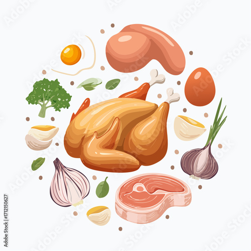 Ein Set aus frischem, rohem Hühnerfleisch und Eiern als Vektorillustration