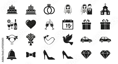 Collection of wedding icons representing various elements of a wedding celebration.