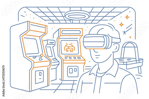 Man in VR headset in retro arcade. Virtual reality gaming concept. Future technology meets classic 80s video games. Metaverse entertainment. Flat line art vector illustration.
