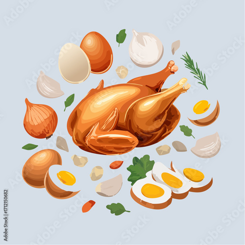 Ein Set aus frischem, rohem Hühnerfleisch und Eiern als Vektorillustration