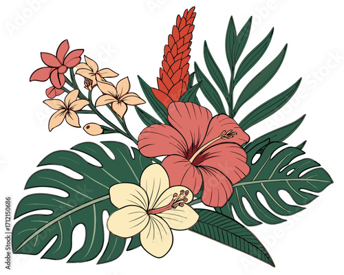 A tropical floral composition with orchids, hibiscus, passion flowers, and ginger blossoms surrounded by exotic green leaves