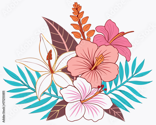 A tropical floral composition with orchids, hibiscus, passion flowers, and ginger blossoms surrounded by exotic green leaves
