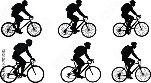 Silhouette cyclists riding bicycles, people cycling with backpacks, outdoor sport activity, healthy lifestyle, transportation, exercise, fitness, road biking, eco travel, adventure