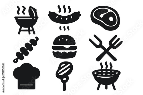 Barbecue grill solid icon set. BBQ and cooking elements. Meat, steak, sausage, hamburger, and chicken drumstick vector icons. Summer cookout and picnic glyph collection.