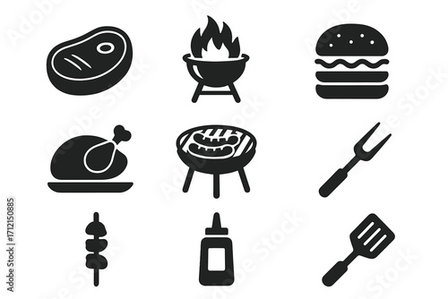 Barbecue and grill solid icon set. BBQ food collection with steak, sausage, hamburger, and chicken. Vector glyph illustration for picnic, cooking, and restaurant menu design.