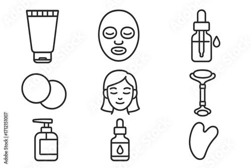 Skincare routine line icon set. Beauty self-care tools collection. Face mask, serum, gua sha, face roller. Cosmetic procedure outline symbols. Vector dermatology concept.