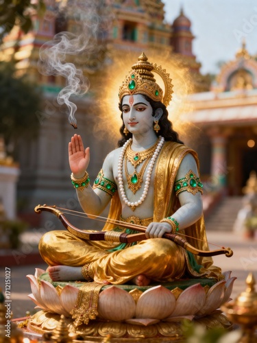 Lord rama, an avatar of vishnu, seated in meditation, holding a bow and arrow, with incense smoke rising