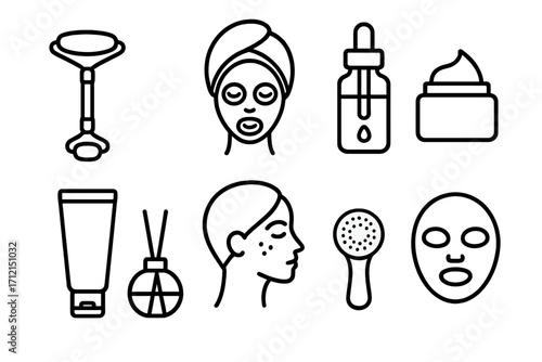 Beauty skincare line icon set. Self-care, face mask, serum, roller, cream outline collection. Vector cosmetology, spa, facial hygiene, acne treatment, dermatology pictogram.