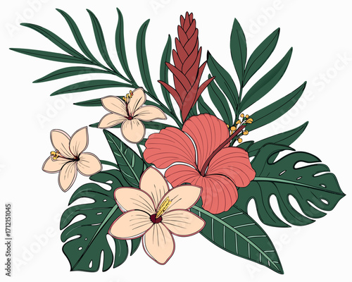 A tropical floral composition with orchids, hibiscus, passion flowers, and ginger blossoms surrounded by exotic green leaves