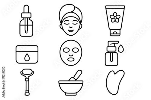 Skincare and beauty routine line icon set. Self-care tools like face mask, serum, cream, gua sha, face roller. Vector outline cosmetology and spa treatment symbol collection.