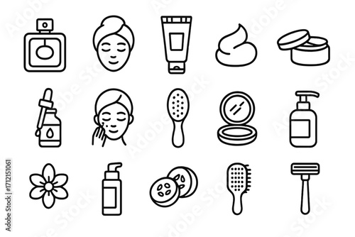 Beauty and skincare outline icon set. Cosmetic and personal care symbols. Makeup, spa, grooming, treatment line icons. Vector illustration for dermatology and beauty salon.