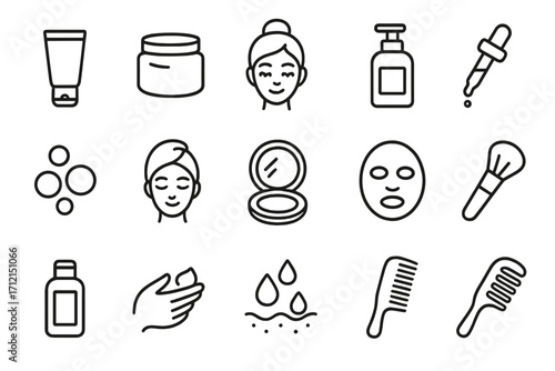 Beauty and skincare outline icon set. Cosmetic and personal care symbols collection. Vector illustration for dermatology, spa, hygiene, and makeup. Face cream, lotion, serum icons.
