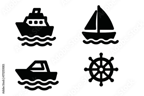Boat and nautical solid icon set. Marine and sailing symbols collection. Vector illustration of a cruise ship, sailboat, motorboat, and helm. Simple glyph style icons.