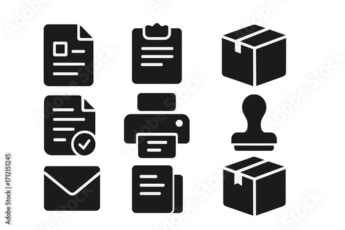 Business and office solid icon set with document, printer, stamp, and package glyphs. Vector symbols for bureaucracy, paperwork, delivery, shipping, mail, and approval.