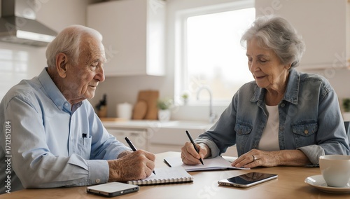 Retired couple signing documents managing personal finances