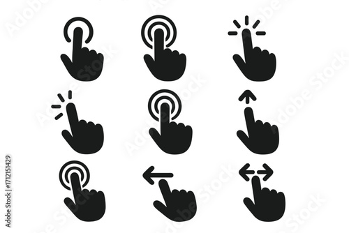 Touchscreen gesture icon set. Hand pointer clicks, taps, swipes, scrolls, and zooms. User interface navigation symbols for mobile app and web design. UI/UX elements.