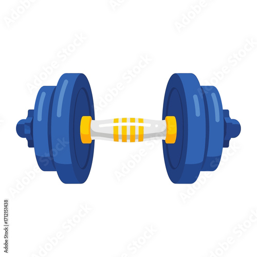 A single, symmetrical blue dumbbell illustration, vibrantly rendered, depicting essential gym equipment for strength training, fitness, and healthy life