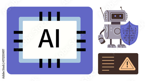 AI chip with bold AI text, robot holding a shield with a data pattern, and an alert panel with a warning icon. Ideal for AI, machine learning, cybersecurity, technology, data safety, automation